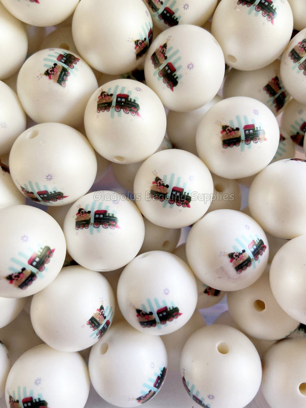 20mm Christmas Train Matte Print - White Acrylic Matter Beads - Bubblegum Beads - Chunky Beads