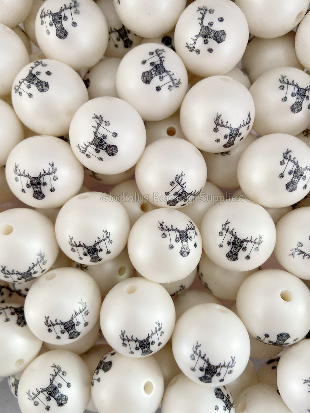 20mm Christmas Reindeer's Head Matte Print - White Acrylic Matter Beads - Bubblegum Beads - Chunky Beads