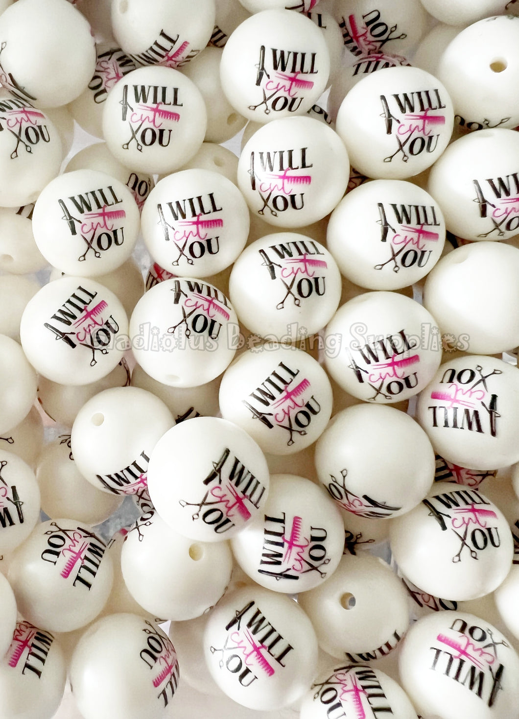 20mm I Will Cut You Matte Print - White Acrylic Matter Beads - Bubblegum Beads - Chunky Beads