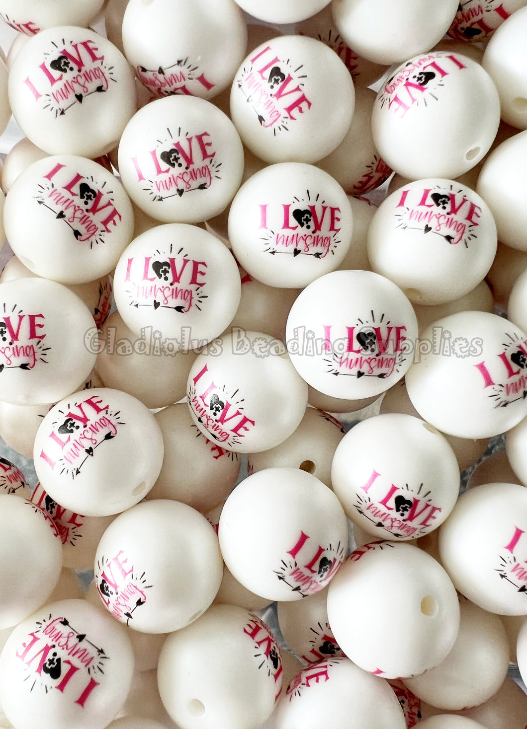 20mm I Love Nursing Matte Print - White Acrylic Matter Beads - Bubblegum Beads - Chunky Beads