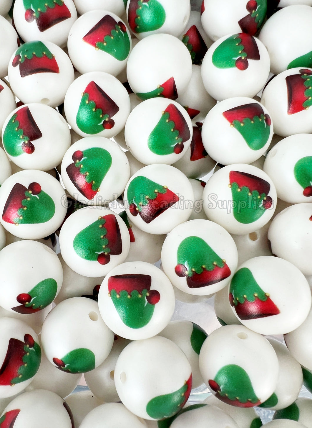 20mm Christmas Hat Matte Print - White Acrylic Matter Beads - Bubblegum Beads - Chunky Beads