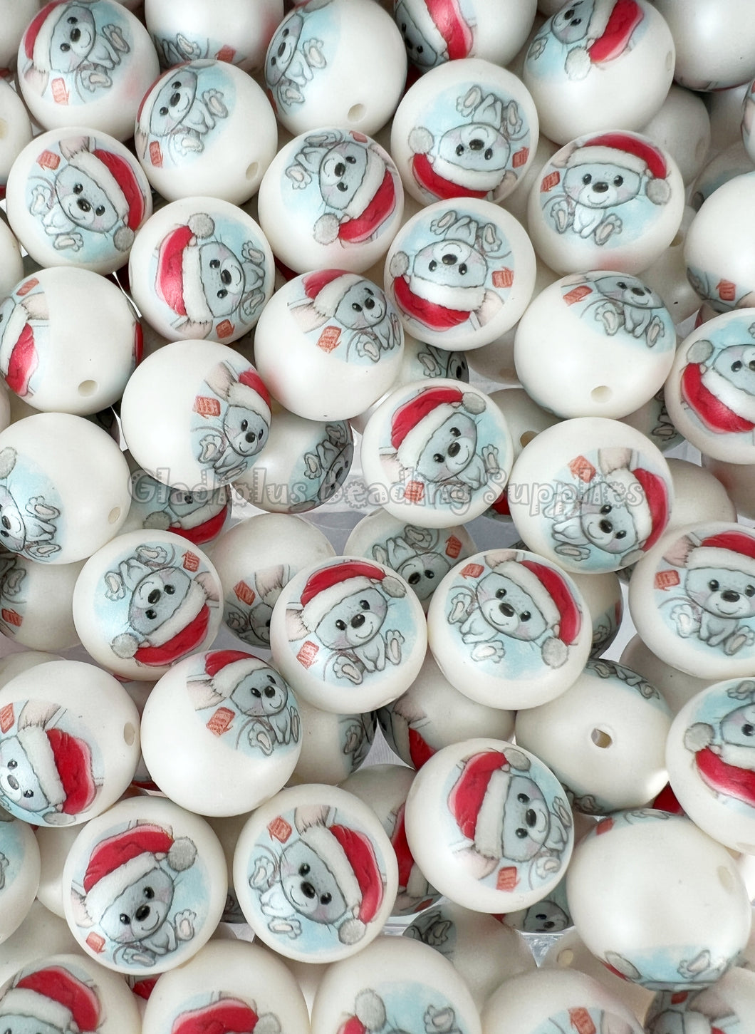 20mm Bear Christmas Matte Print - White Acrylic Matter Beads - Bubblegum Beads - Chunky Beads