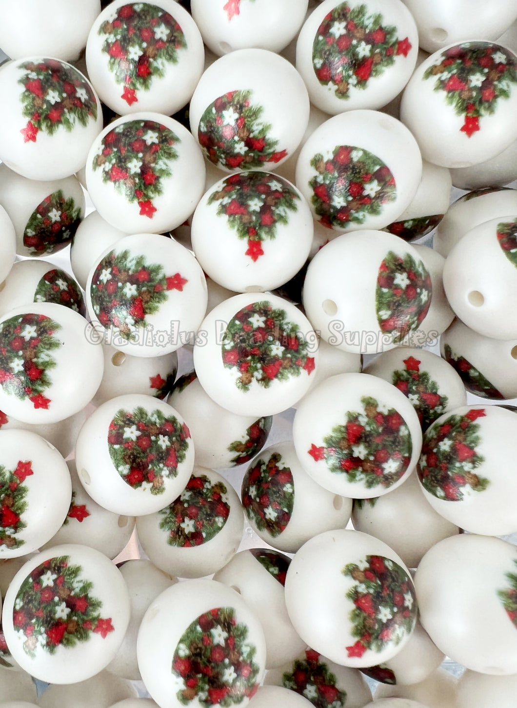 20mm Christmas Tree Matte Print - White Acrylic Matter Beads - Bubblegum Beads - Chunky Beads