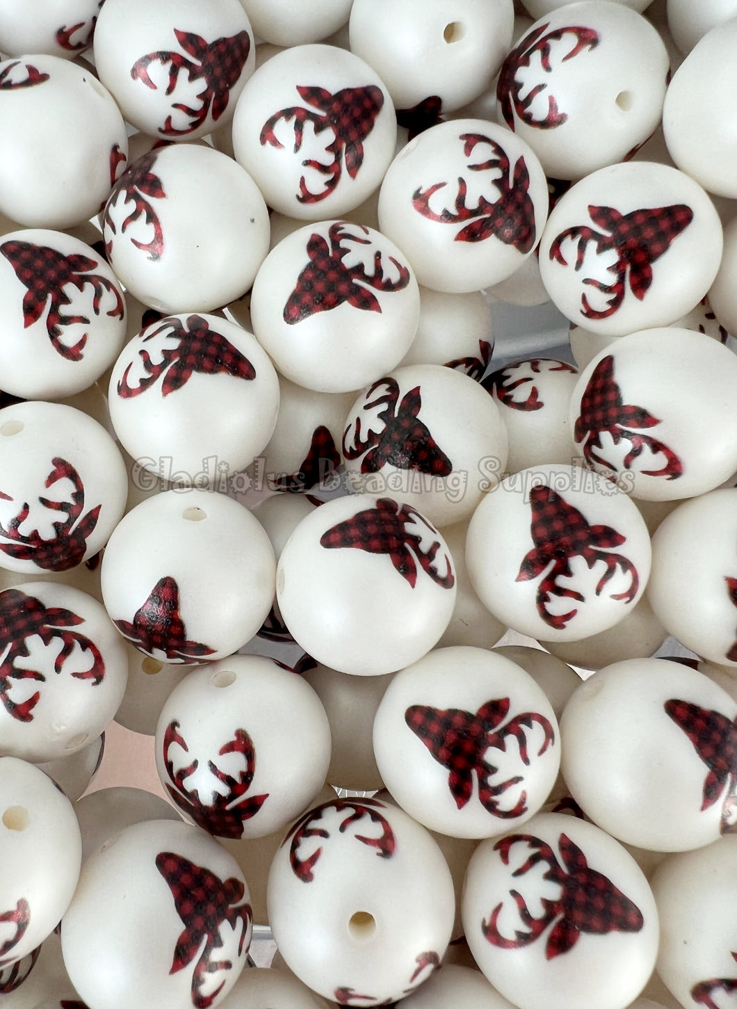 20mm Christmas Plaid Reindeer Matte Print - White Acrylic Matter Beads - Bubblegum Beads - Chunky Beads