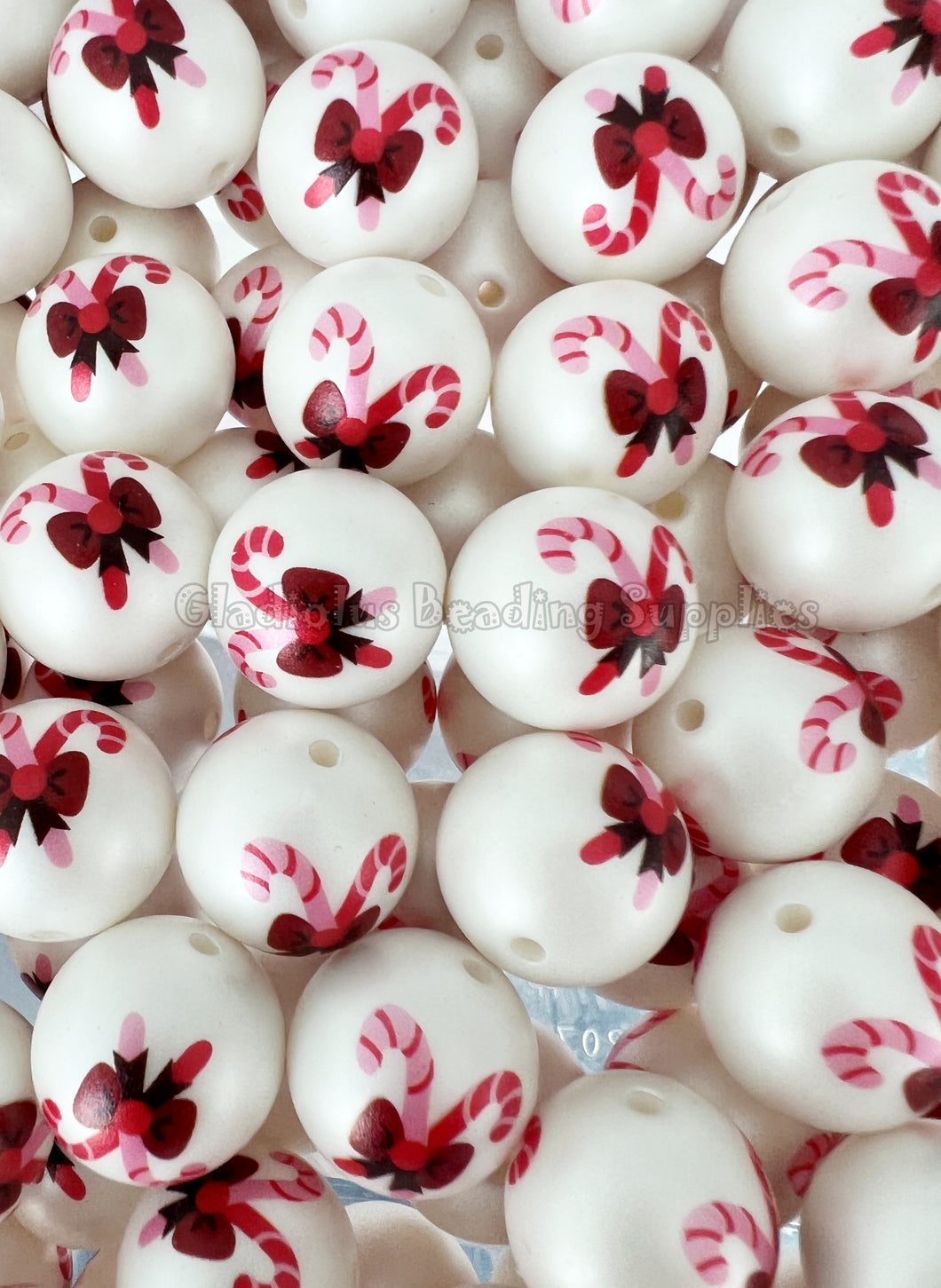 20mm Christmas Ribbon Matte Print - White Acrylic Matter Beads - Bubblegum Beads - Chunky Beads