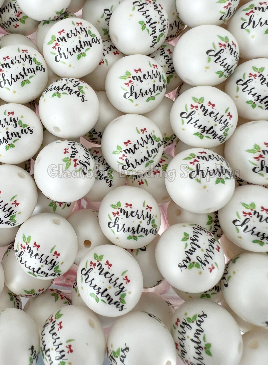 20mm #4 Merry Christmas Matte Print - White Acrylic Matter Beads - Bubblegum Beads - Chunky Beads