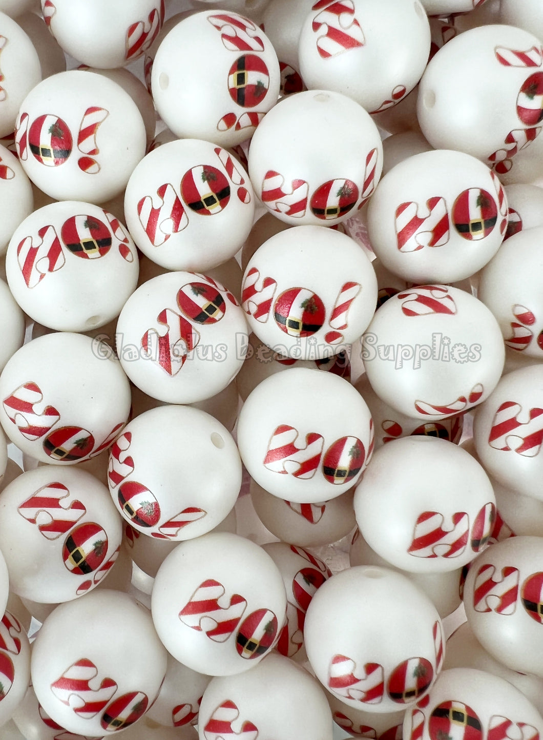 20mm Ho! Christmas Matte Print - White Acrylic Matter Beads - Bubblegum Beads - Chunky Beads